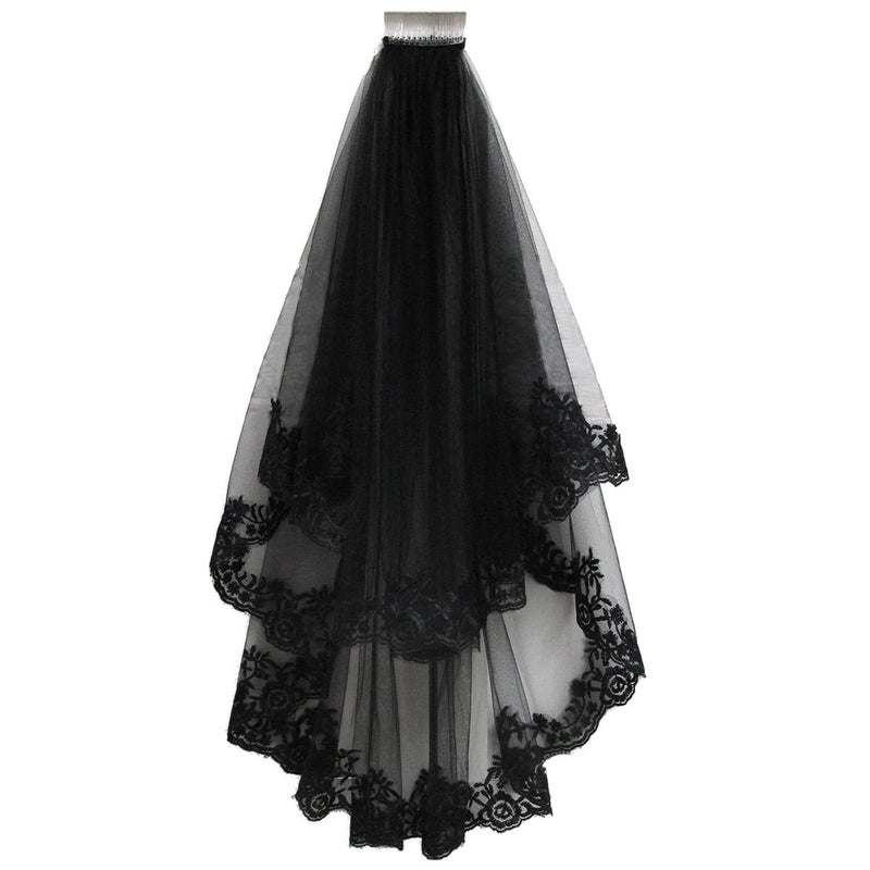 Patty Both Black Ribbon Edge Bridal Wedding Veils with Comb (black lace) - Image 1